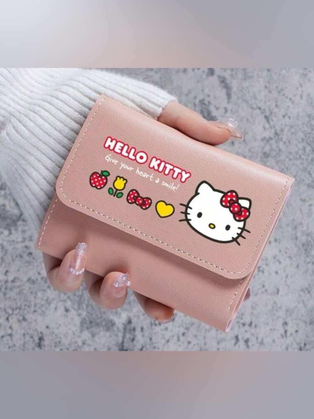 Hello Kitty Pink Fold-Over Wallet with Cute Icons